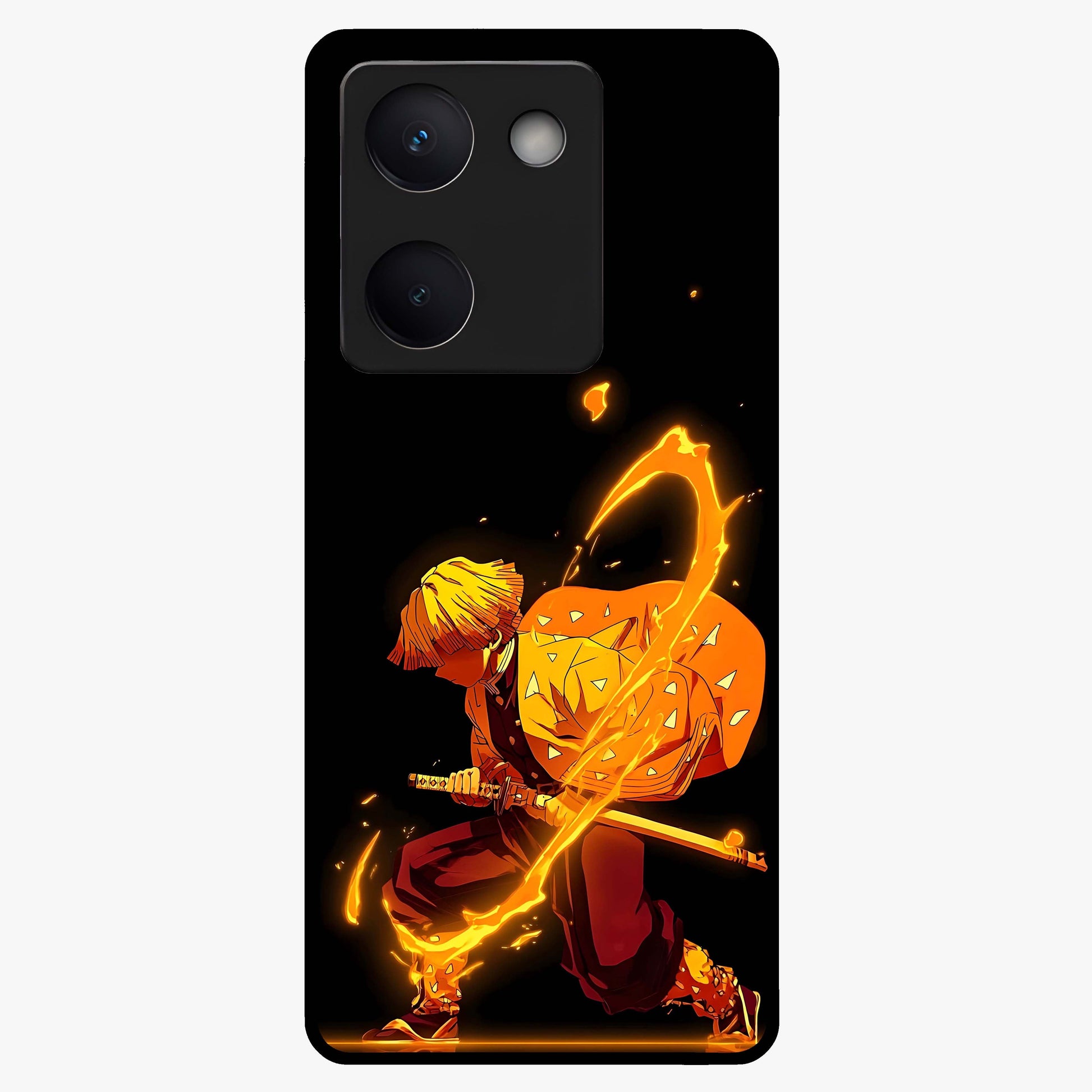 Thunder Flame Execution Glass Case showing flat back view with powerful flame and lightning artwork and glossy glass finish.