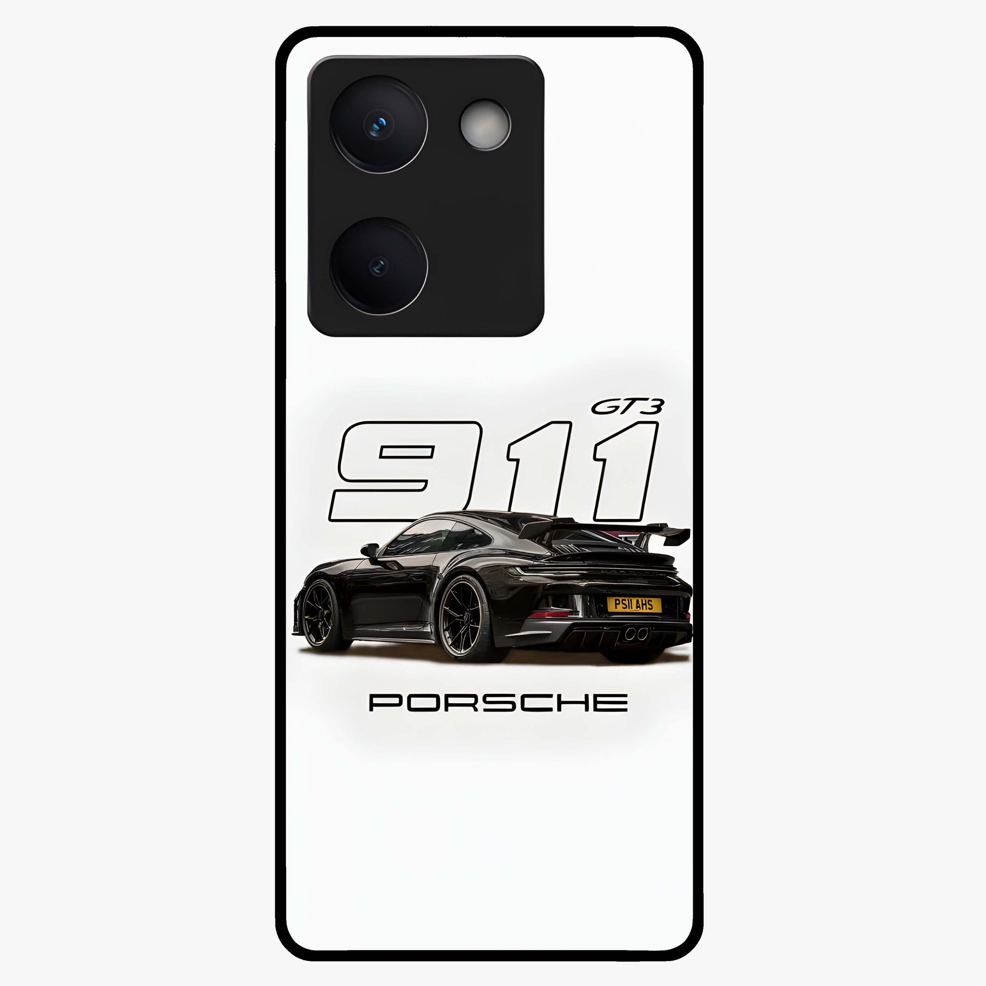 Turbo Legacy Icon Glass Case showing flat back view with iconic sports car inspired artwork and glossy glass finish.
