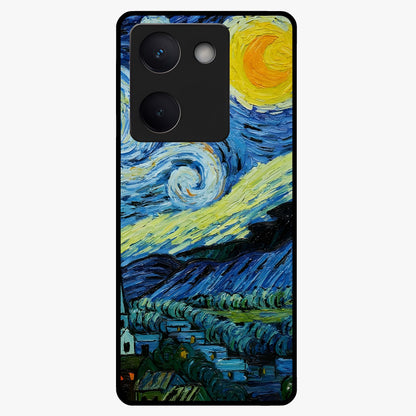 Van Gogh Art Glass Case showing flat back view with classic painterly artwork inspired by Van Gogh style and glossy glass finish.