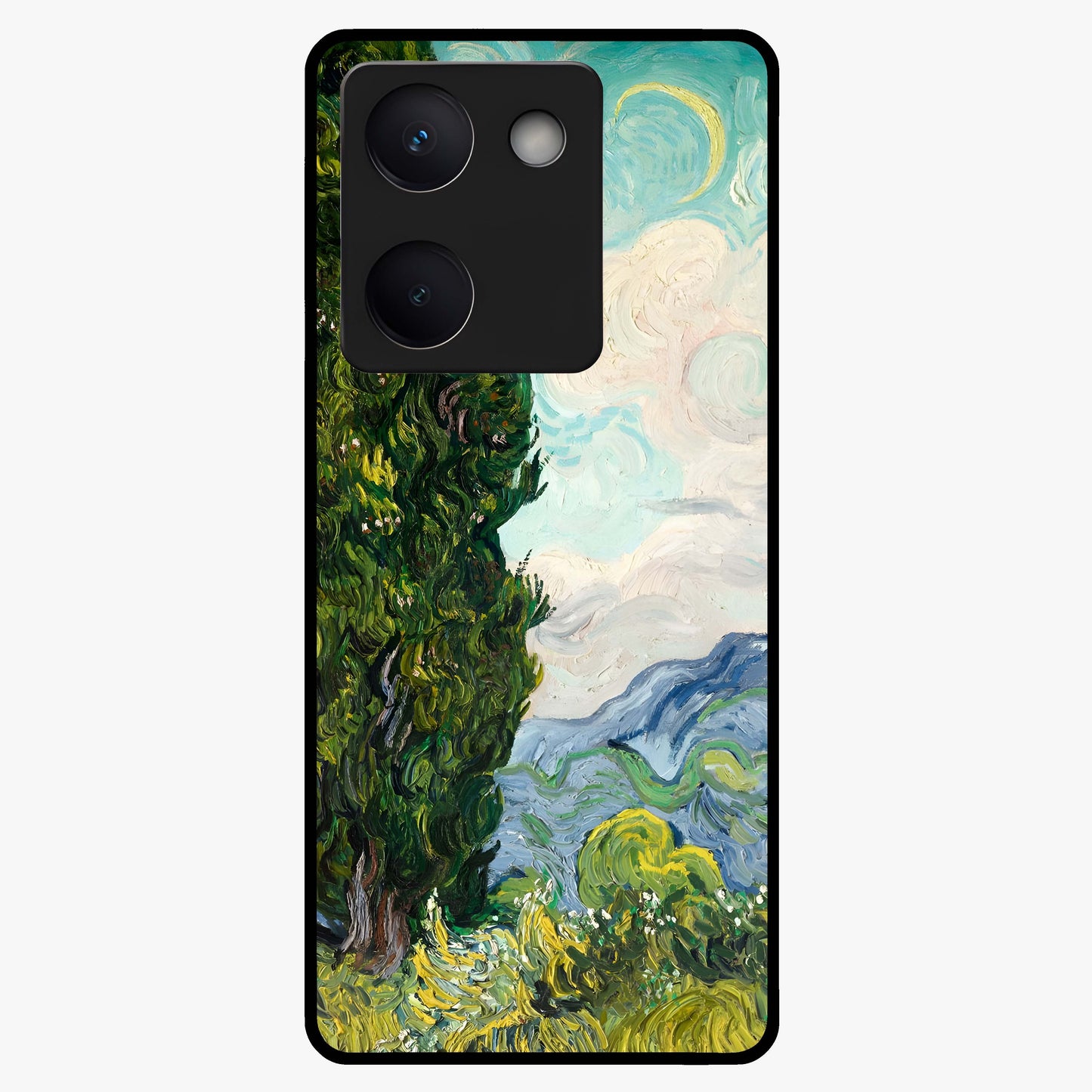 Van Gogh Vintage Art Glass Case showing flat back view with vintage painterly artwork inspired by Van Gogh style and glossy glass finish.