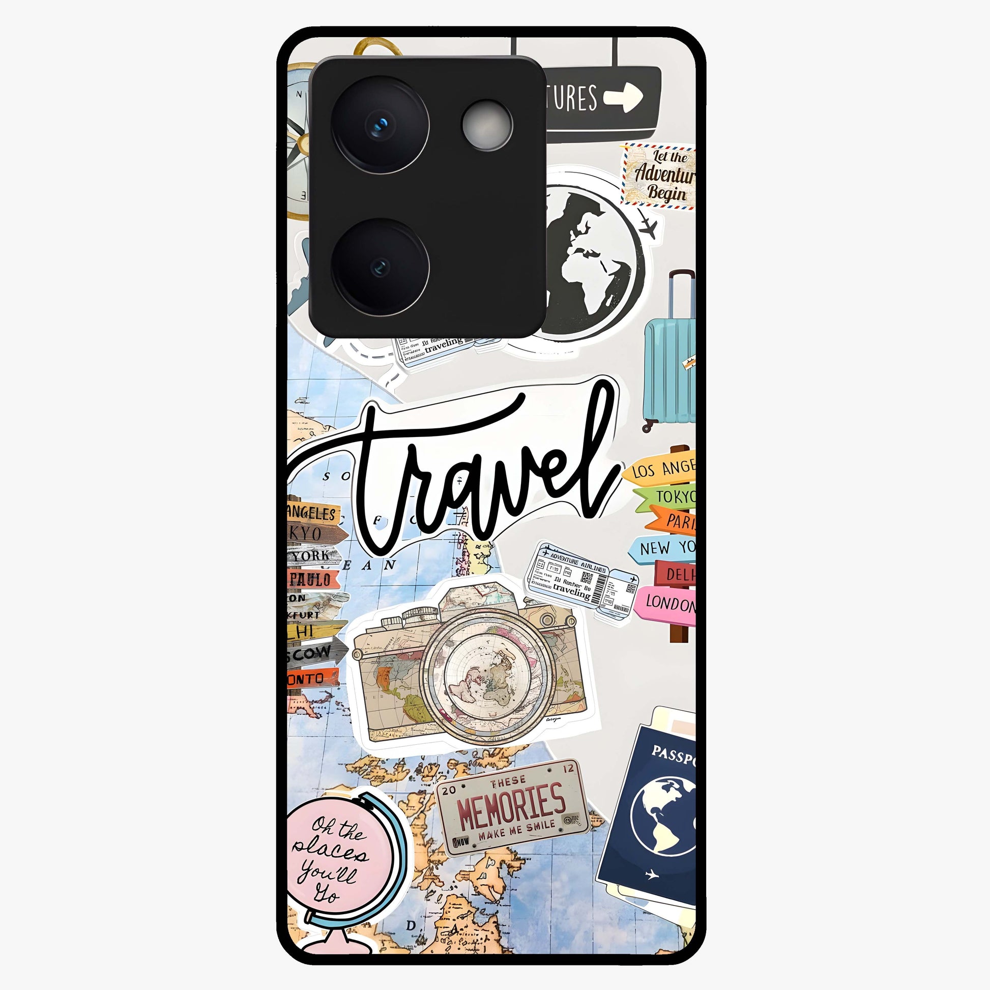 Wanderlust Journal Glass Case showing flat back view with travel inspired artwork and glossy glass finish.