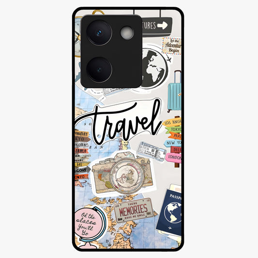 Wanderlust Journal Glass Case showing flat back view with travel inspired artwork and glossy glass finish.