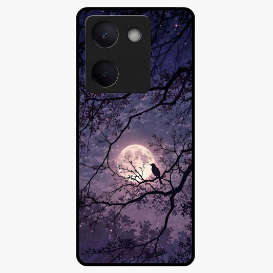 Whispering Moon Silence Glass Case showing flat back view with serene moon themed artwork and glossy glass finish.