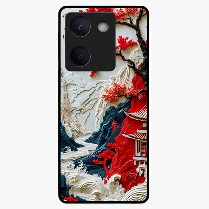 Whispers Of Sakura Waves Glass Case showing flat back view with cherry blossom wave artwork and glossy glass finish.
