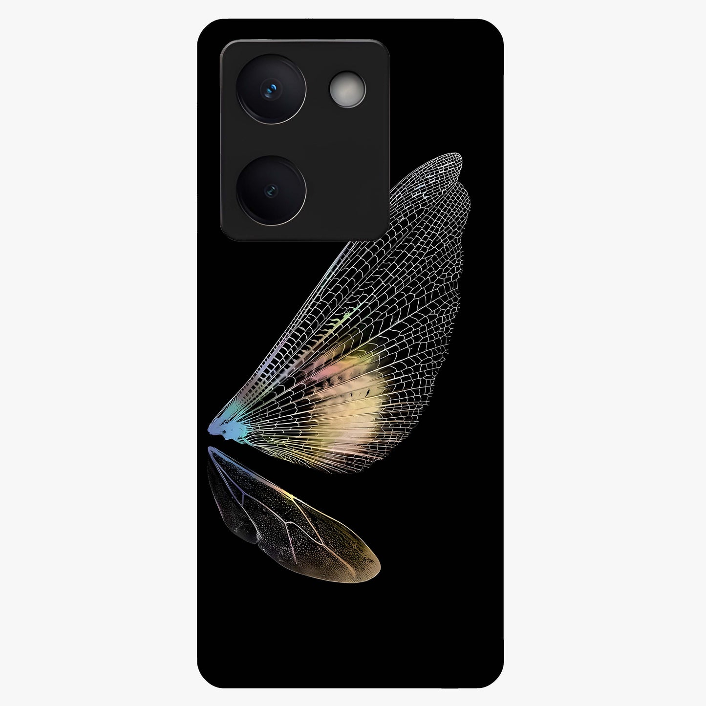 Whispers Of Wings Glass Case showing flat back view with graceful wing inspired artwork and glossy glass finish.