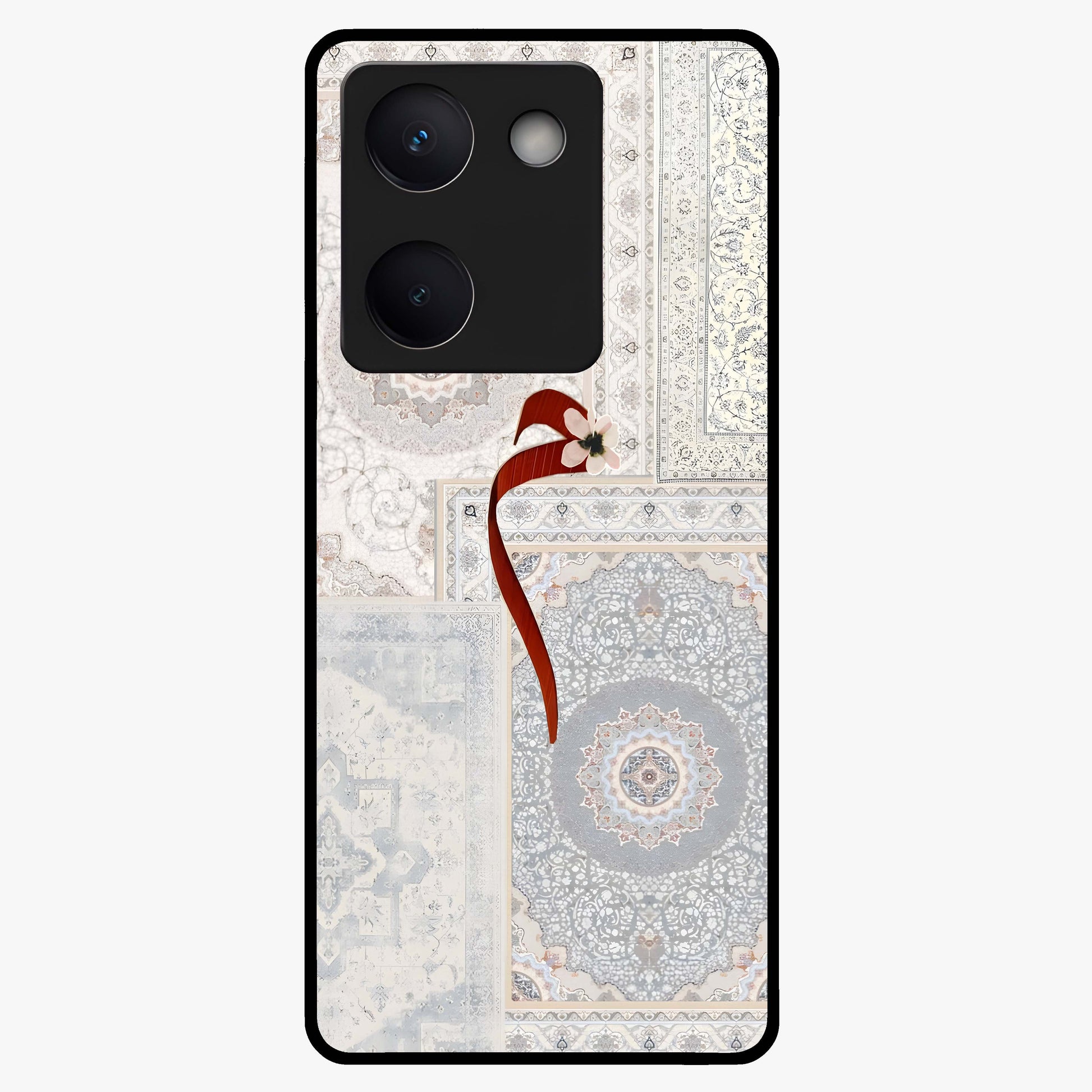 White Aesthetic Bow Glass Case showing flat back view with minimal bow artwork and glossy glass finish.