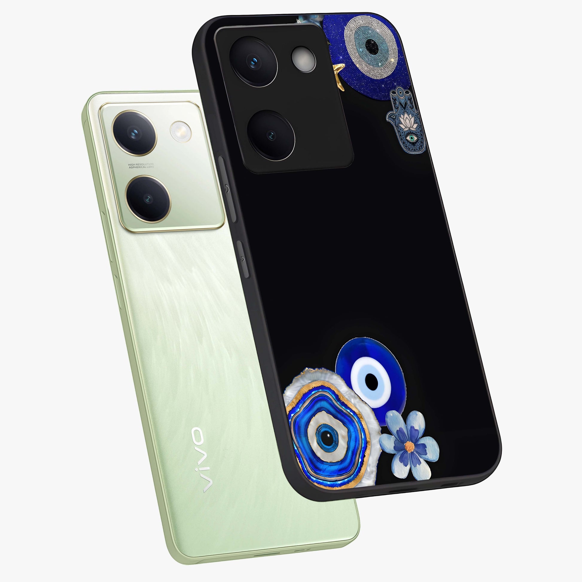 Aesthetic Blue Evil Eye Glass Case displayed in angled mockup highlighting blue evil eye symbol and spiritual aesthetic design.
