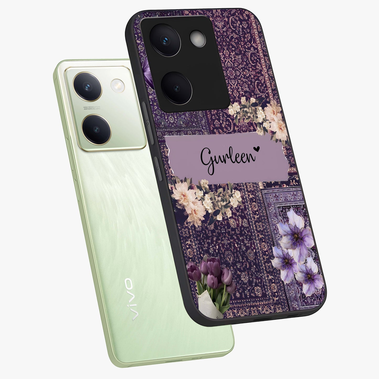 Antique Floral Whisper Custom Name Glass Case displayed in angled mockup highlighting elegant antique floral aesthetic.