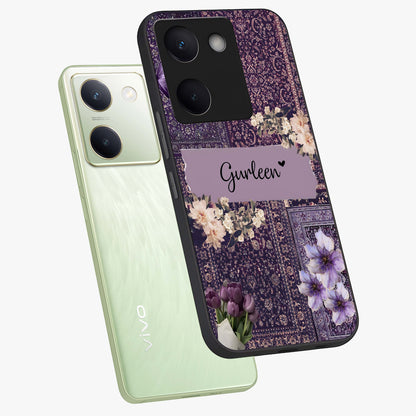 Antique Floral Whisper Custom Name Glass Case displayed in angled mockup highlighting elegant antique floral aesthetic.