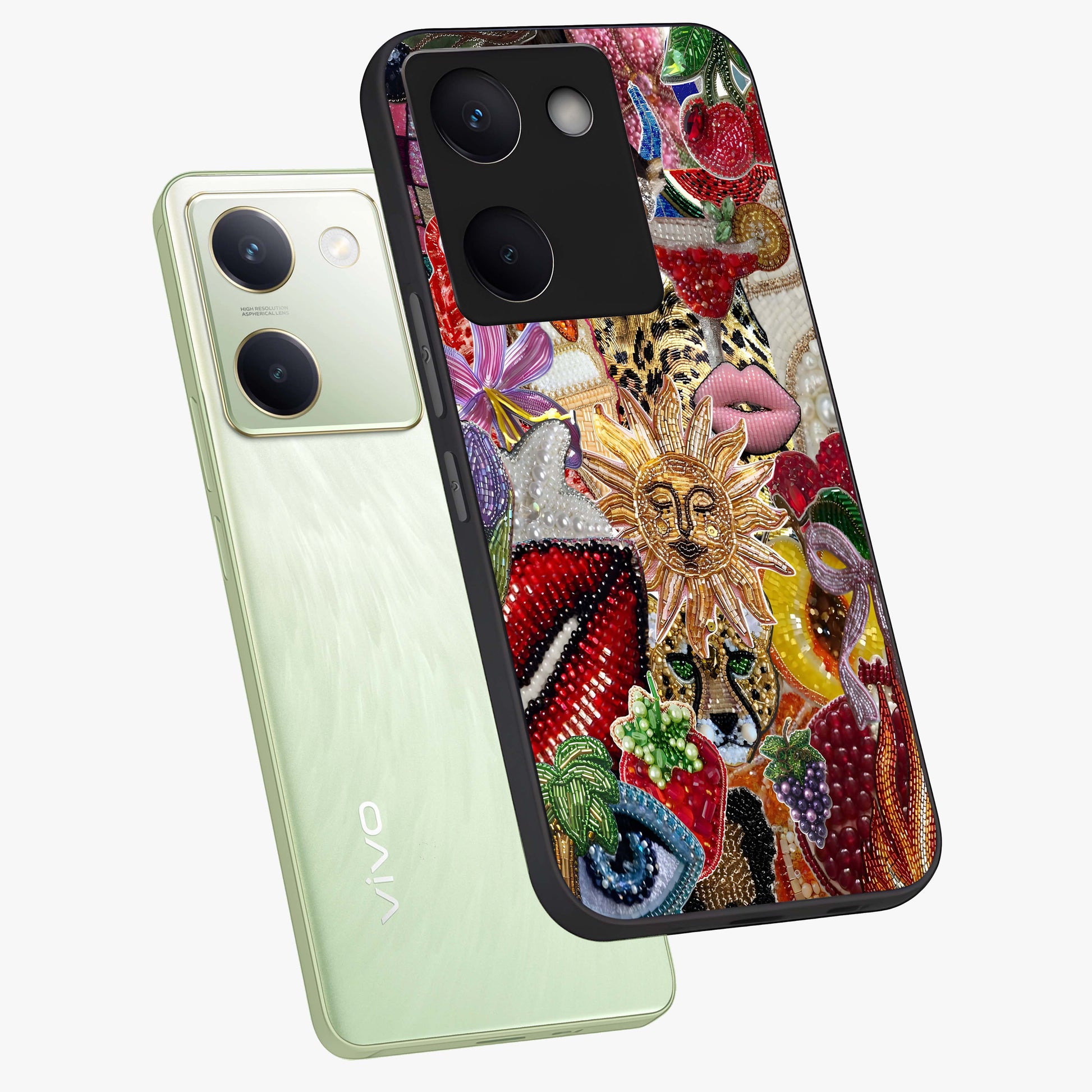 Beaded Fashion Jungle Glass Case displayed in angled mockup highlighting colorful fashion bead design and artistic pattern.