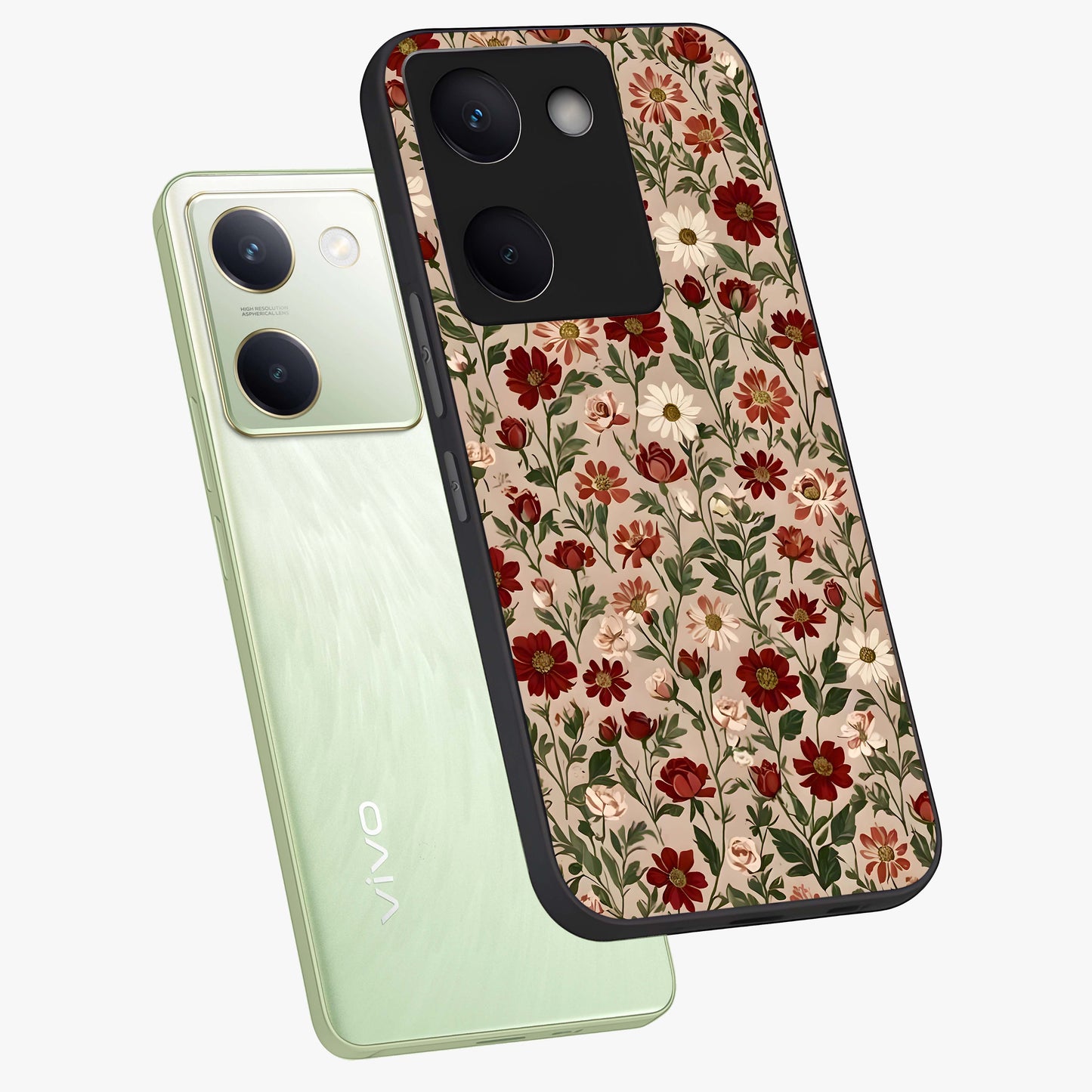 Biege Flower With Leaf Glass Case displayed in angled mockup highlighting minimal floral leaf design and elegant aesthetic.