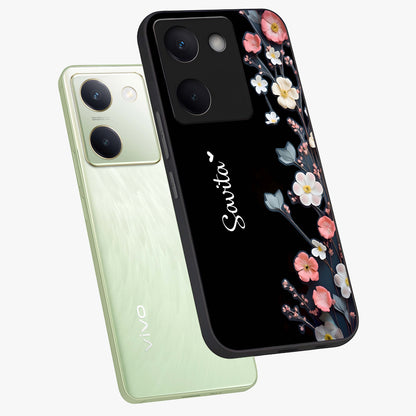 Black Elegance Floral Custom Name Glass Case displayed in angled mockup highlighting dark floral aesthetic and custom name feature.