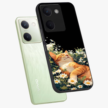 Blissful Bloom Cat Glass Case displayed in angled mockup highlighting playful feline illustration with soft floral aesthetic.