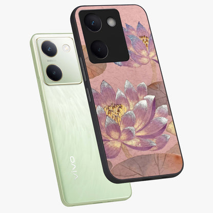 Blossom Mist Lotus Glass Case displayed in angled mockup highlighting delicate lotus illustration with calm aesthetic theme.