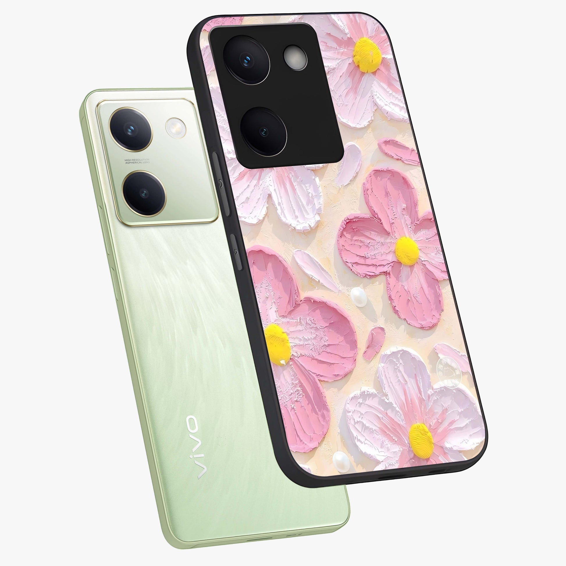 Blush Bloom Texture Glass Case displayed in angled mockup highlighting subtle bloom pattern with aesthetic pastel design.