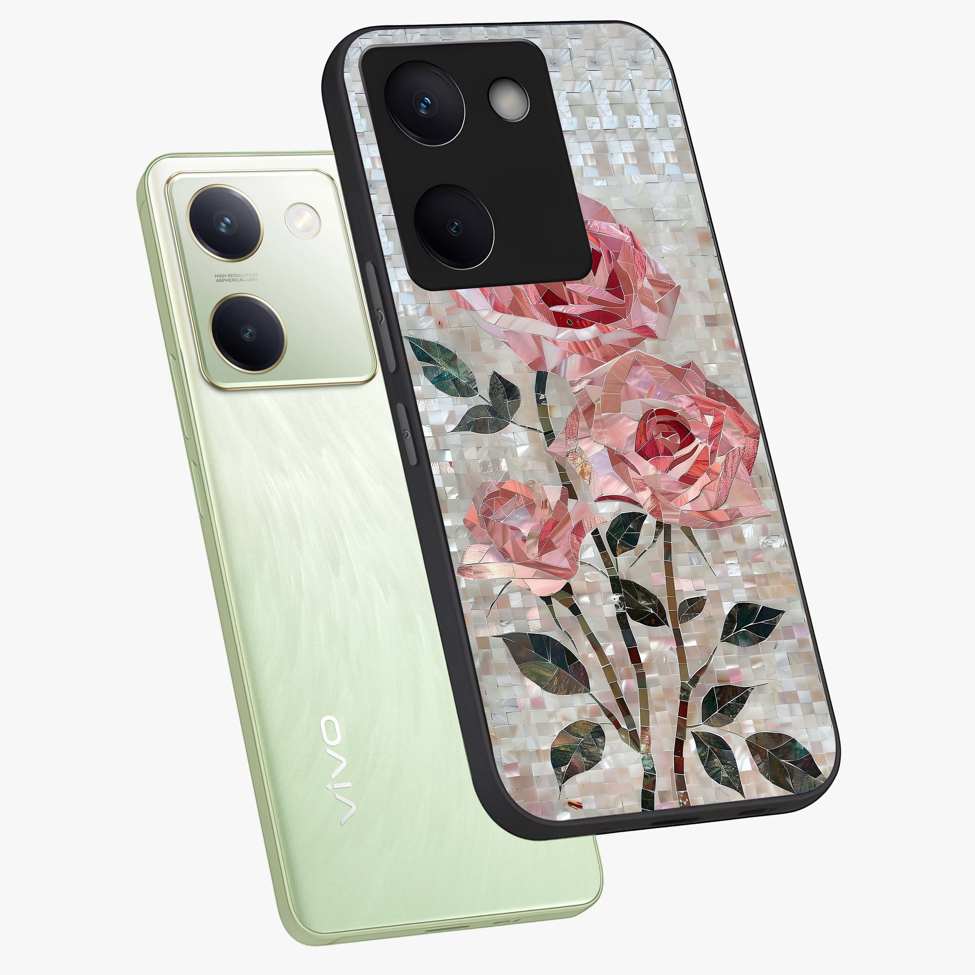 Blush Mosaic Bloom Glass Case displayed in angled mockup highlighting artistic mosaic flower pattern with aesthetic design.