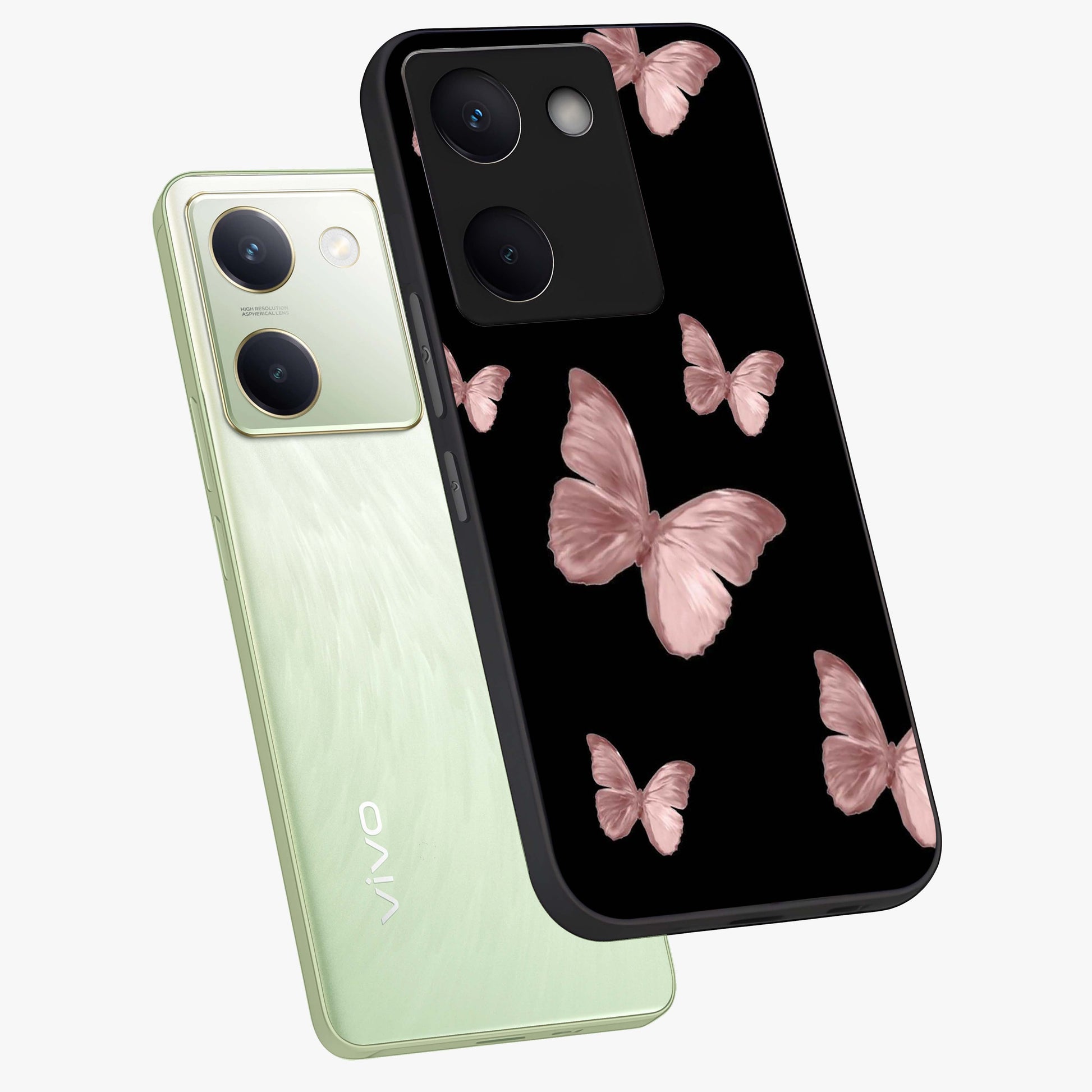 Butterfly Pattern Glass Case displayed in angled mockup highlighting delicate butterfly design and aesthetic pattern style.