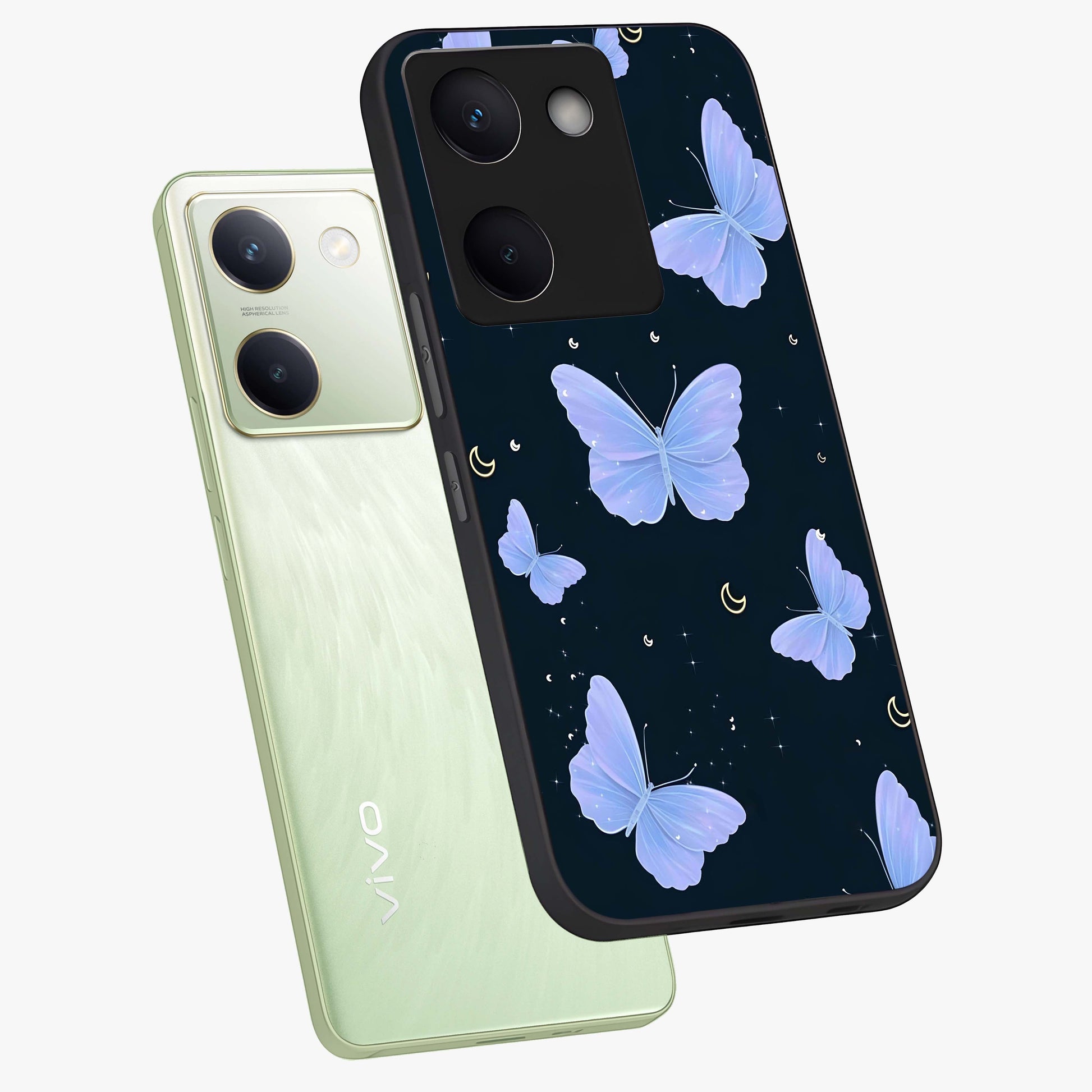 Butterfly With Stars Pattern Glass Case displayed in angled mockup highlighting dreamy butterfly and star design with aesthetic theme.