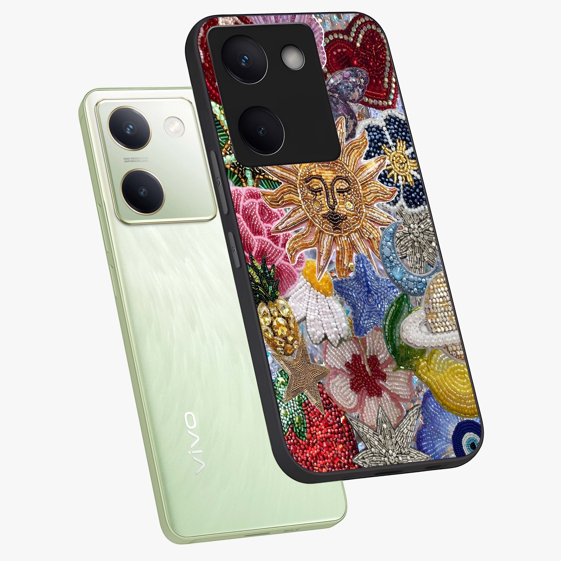 Celestial Floral and Playful Glass Case displayed in angled mockup highlighting playful floral design with dreamy celestial elements.