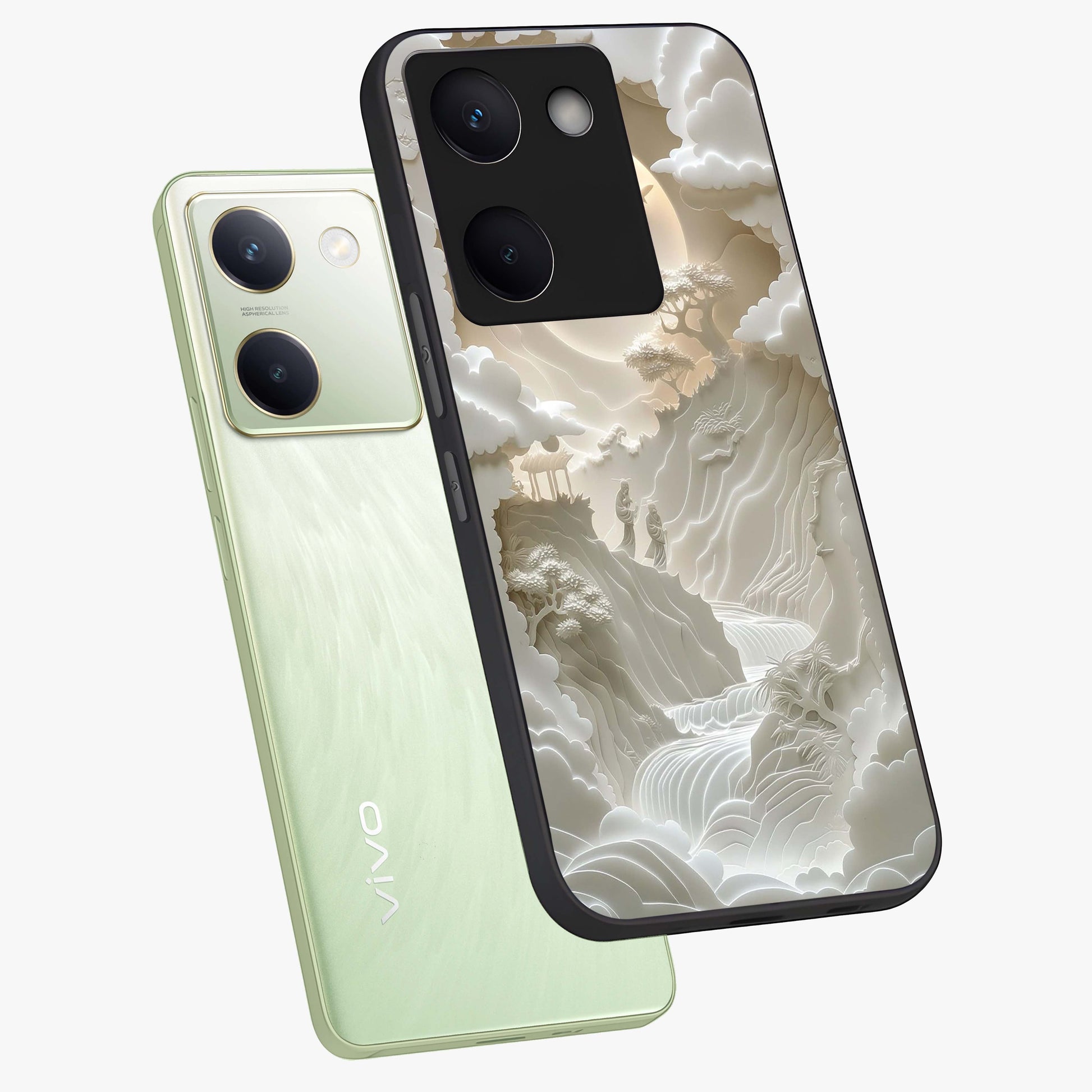 Celestial Origami Glass Case displayed in angled mockup highlighting geometric origami design with cosmic aesthetic theme.