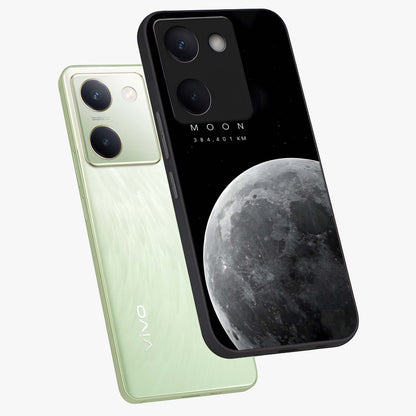Cosmic Moon Glow Glass Case displayed in angled mockup highlighting celestial moon design with cosmic aesthetic theme.