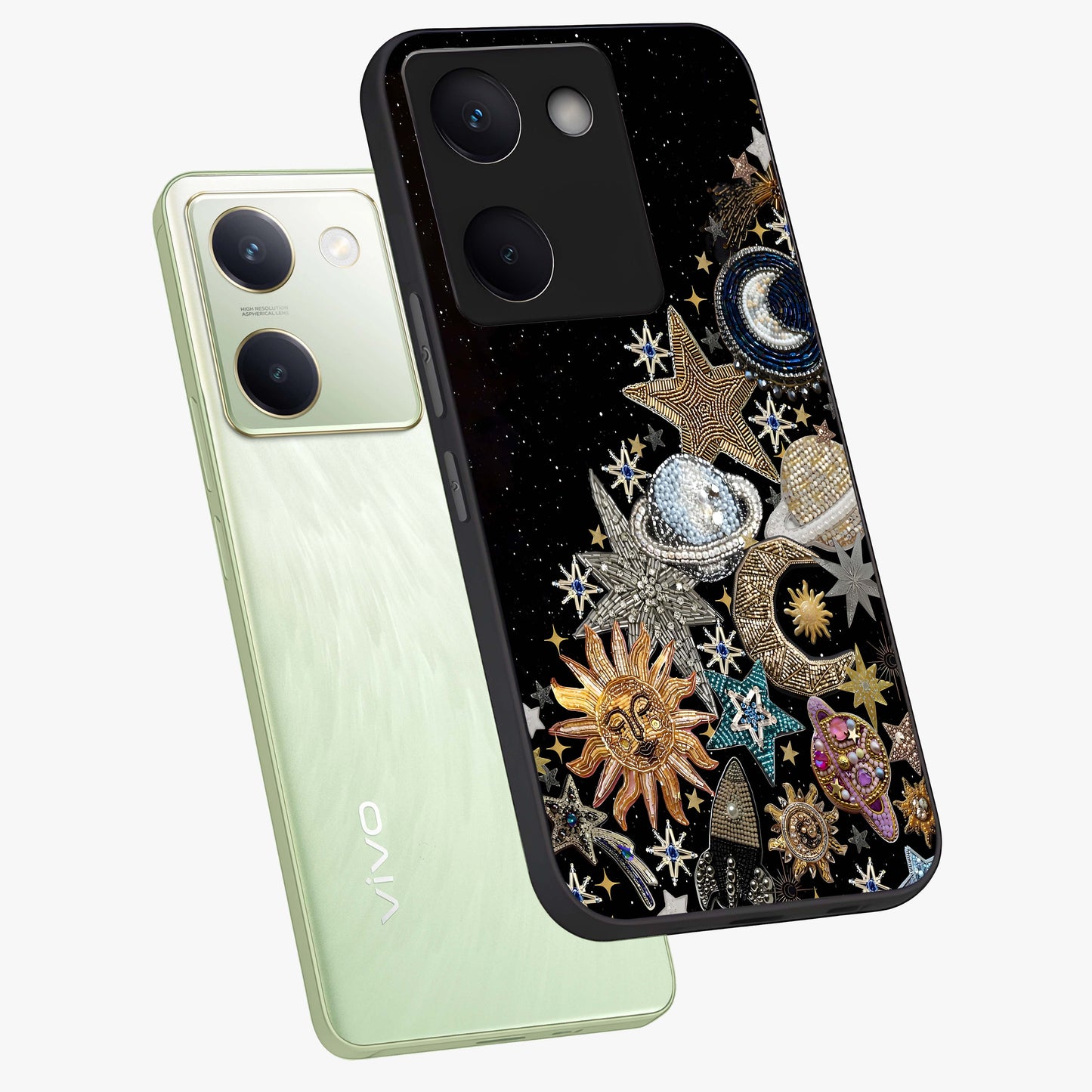 Cosmic Sparkle Dreams Glass Case displayed in angled mockup highlighting dreamy star sparkle design with celestial aesthetic.