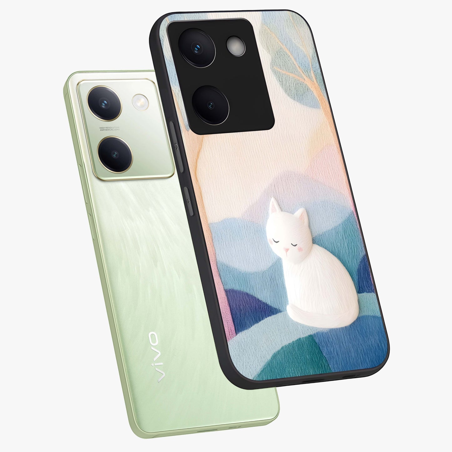 Cotton Dream Cat Glass Case displayed in angled mockup highlighting cute feline illustration with pastel aesthetic style.