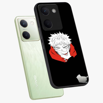 Crimson Chaos Smile Glass Case displayed in angled mockup highlighting edgy crimson smile design with graphic aesthetic.