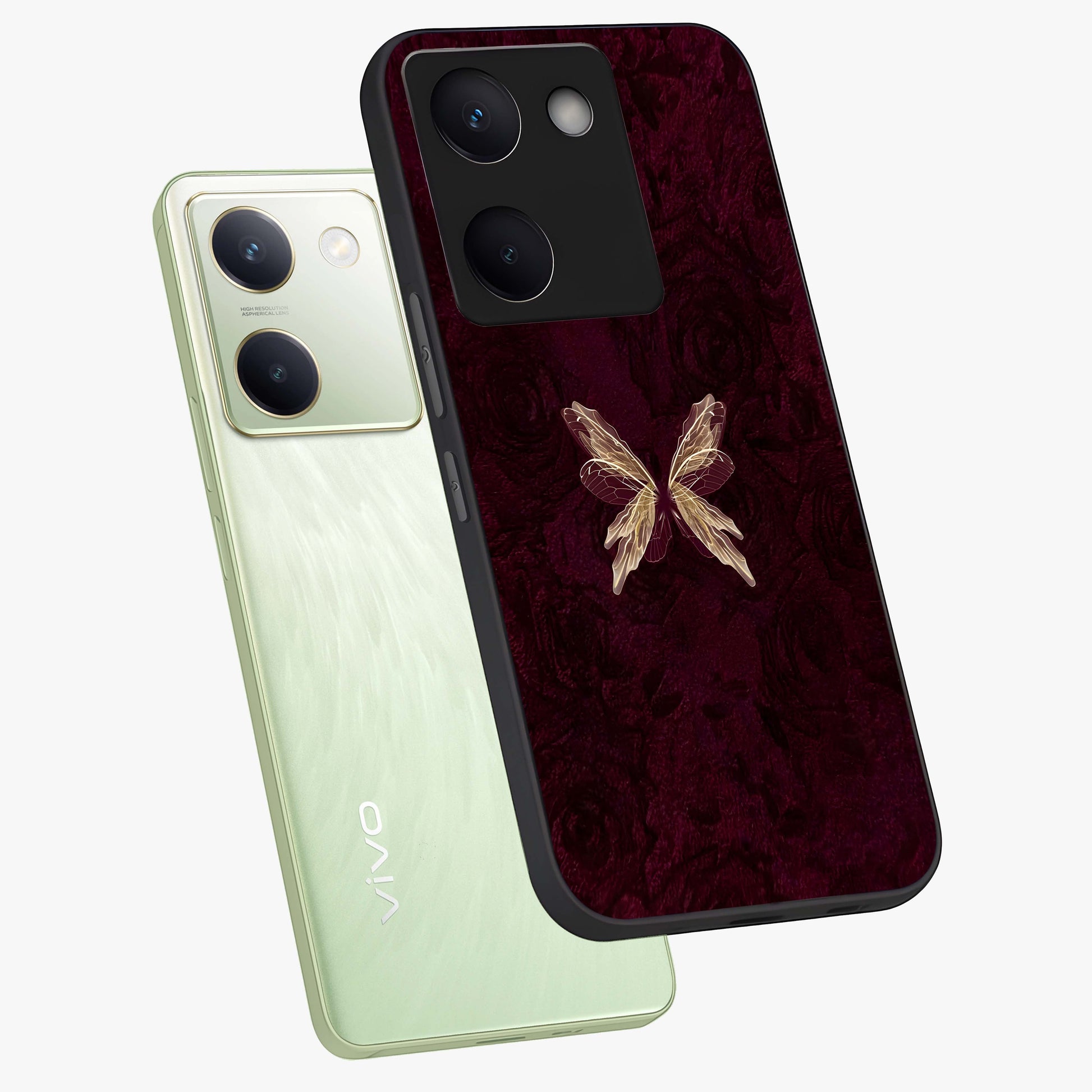 Crimson Fade Butterfly Glass Case displayed in angled mockup highlighting elegant butterfly design with crimson gradient aesthetic.