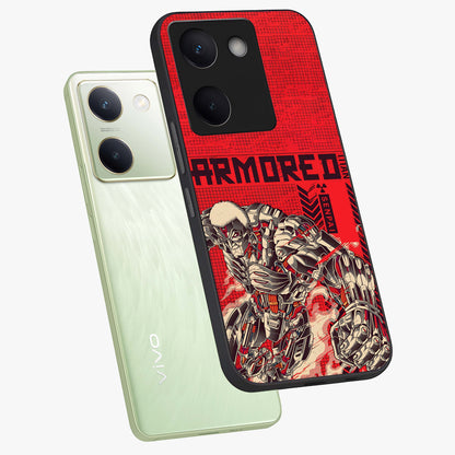 Crimson Mecha Titan Glass Case displayed in angled mockup highlighting futuristic mech illustration with bold crimson aesthetic.