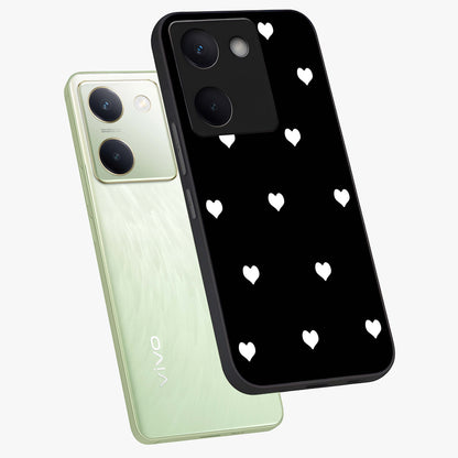 Cute And Simple White Hearts Glass Case displayed in angled mockup highlighting cute heart design with clean aesthetic style.