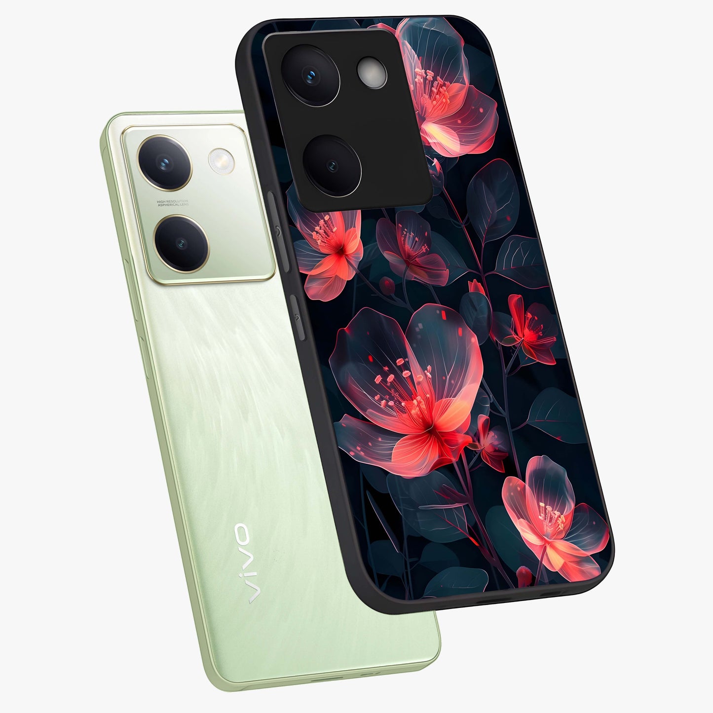 Dark Shade of Flower Glass Case displayed in angled mockup highlighting moody floral illustration with aesthetic dark tones.
