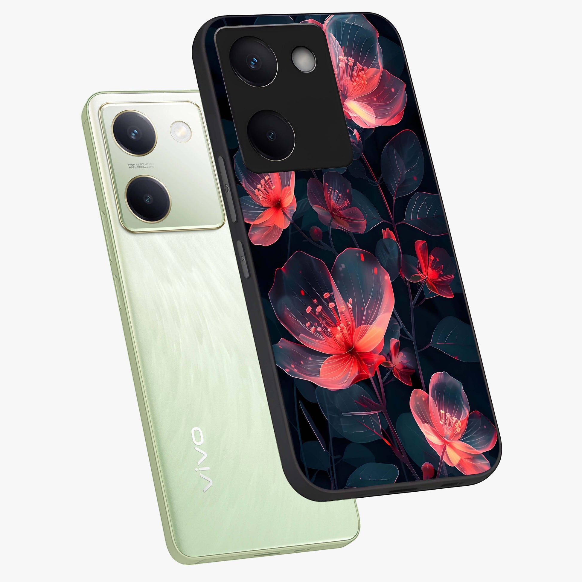 Dark Shade of Flower Glass Case displayed in angled mockup highlighting moody floral illustration with aesthetic dark tones.