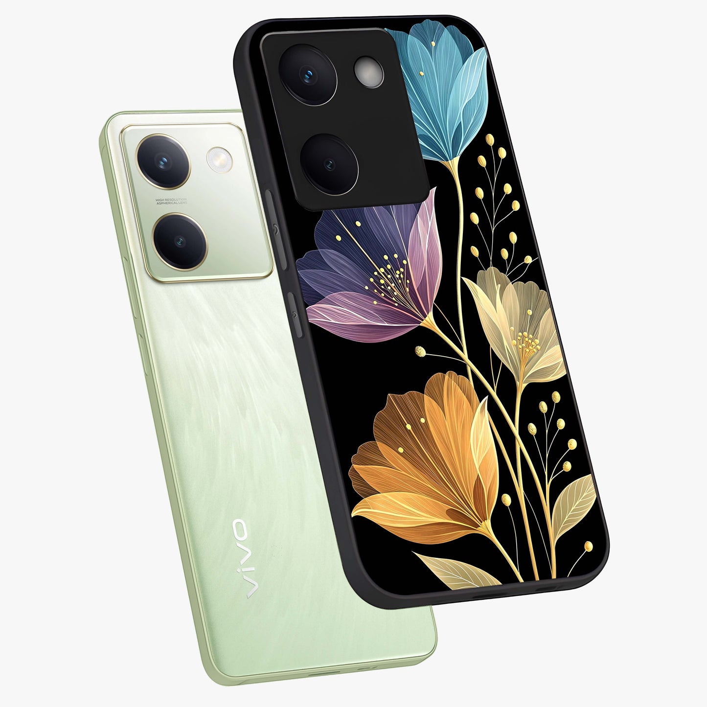 Delicate Multicolor Flowers Glass Case displayed in angled mockup highlighting colorful flower pattern with soft aesthetic style.