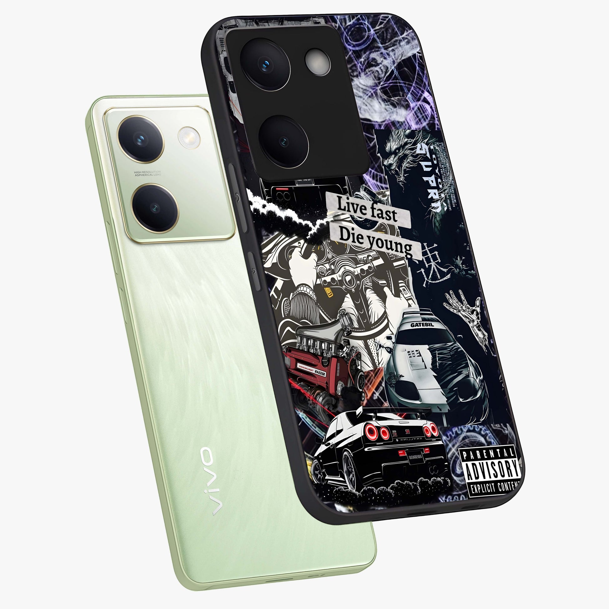 Die Young Glass Case displayed in angled mockup highlighting expressive graphic artwork with edgy aesthetic style.