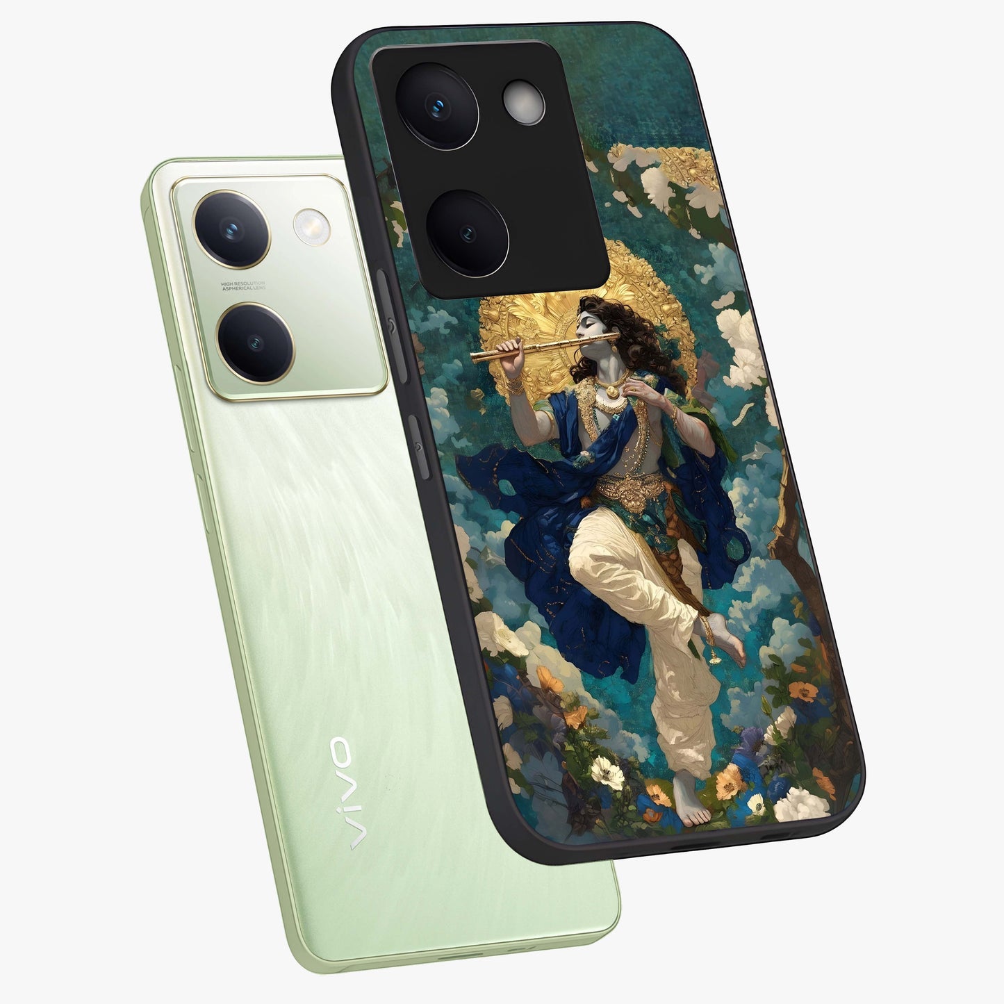 Divine Krishna Art Glass Case displayed in angled mockup highlighting spiritual Krishna illustration with devotional aesthetic.