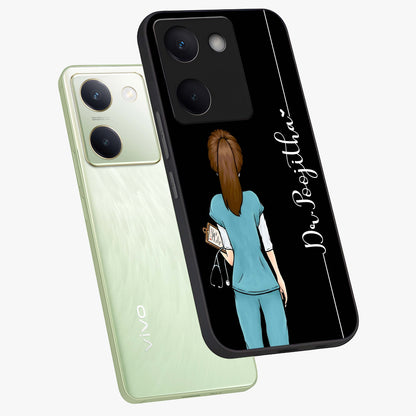 Doctor Pattern Custom Name Glass Case displayed in angled mockup highlighting doctor inspired artwork with custom name feature.