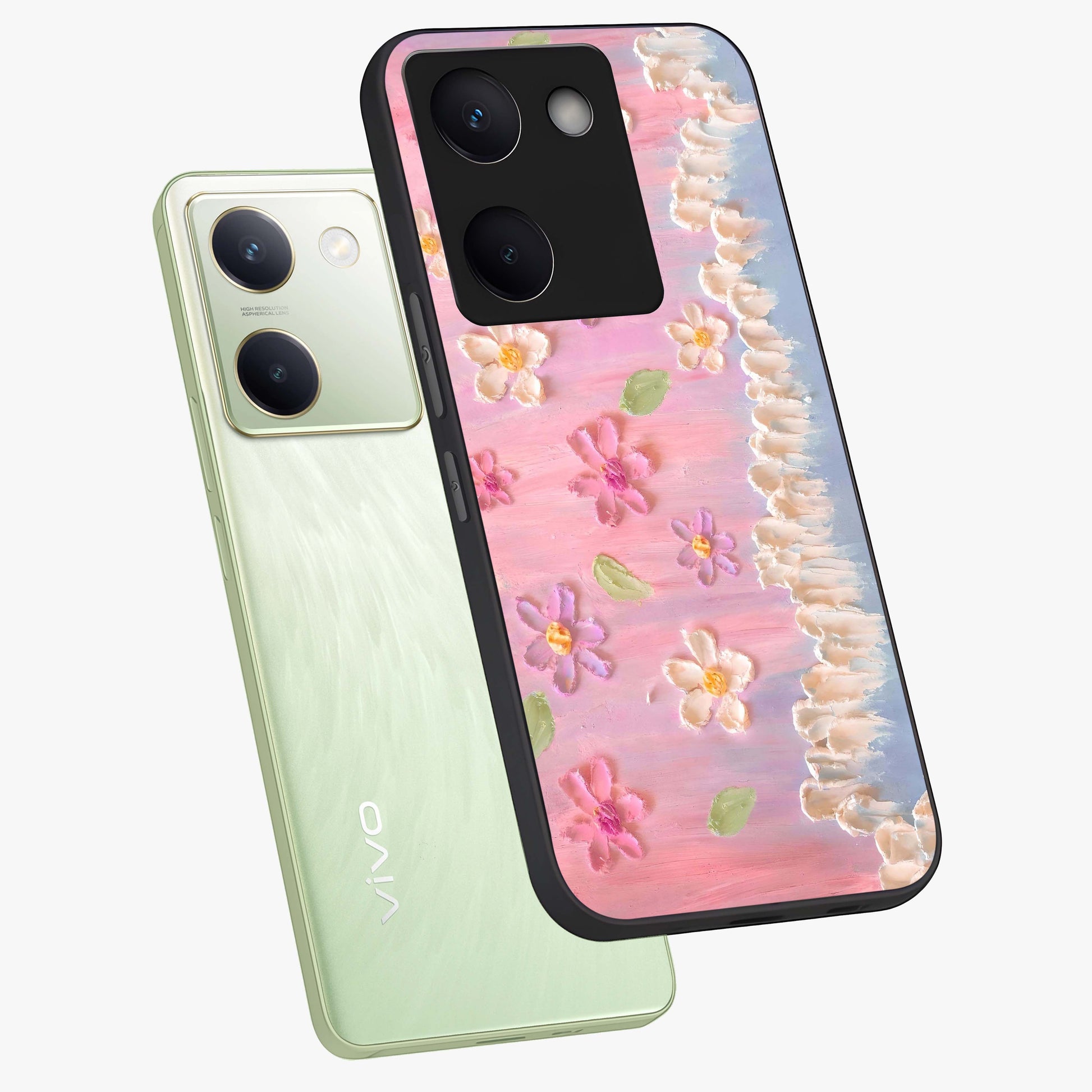Dreamy Painted Garden Glass Case displayed in angled mockup highlighting colorful garden illustration with dreamy aesthetic style.