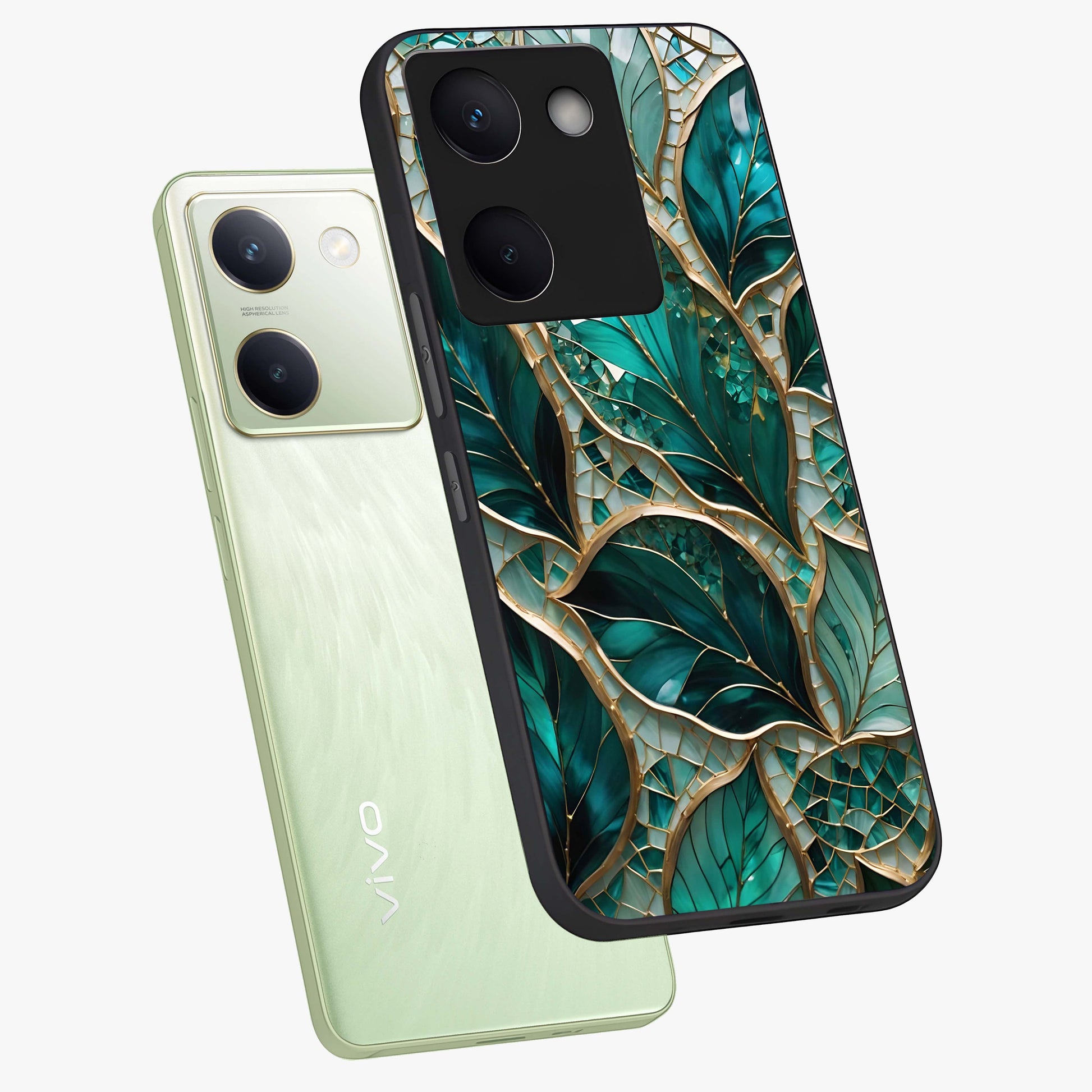 Emerald Leaf Glass Glass Case displayed in angled mockup highlighting botanical leaf illustration with elegant natural aesthetic.
