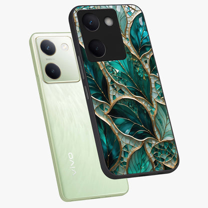 Emerald Leaf Glass Glass Case displayed in angled mockup highlighting botanical leaf illustration with elegant natural aesthetic.