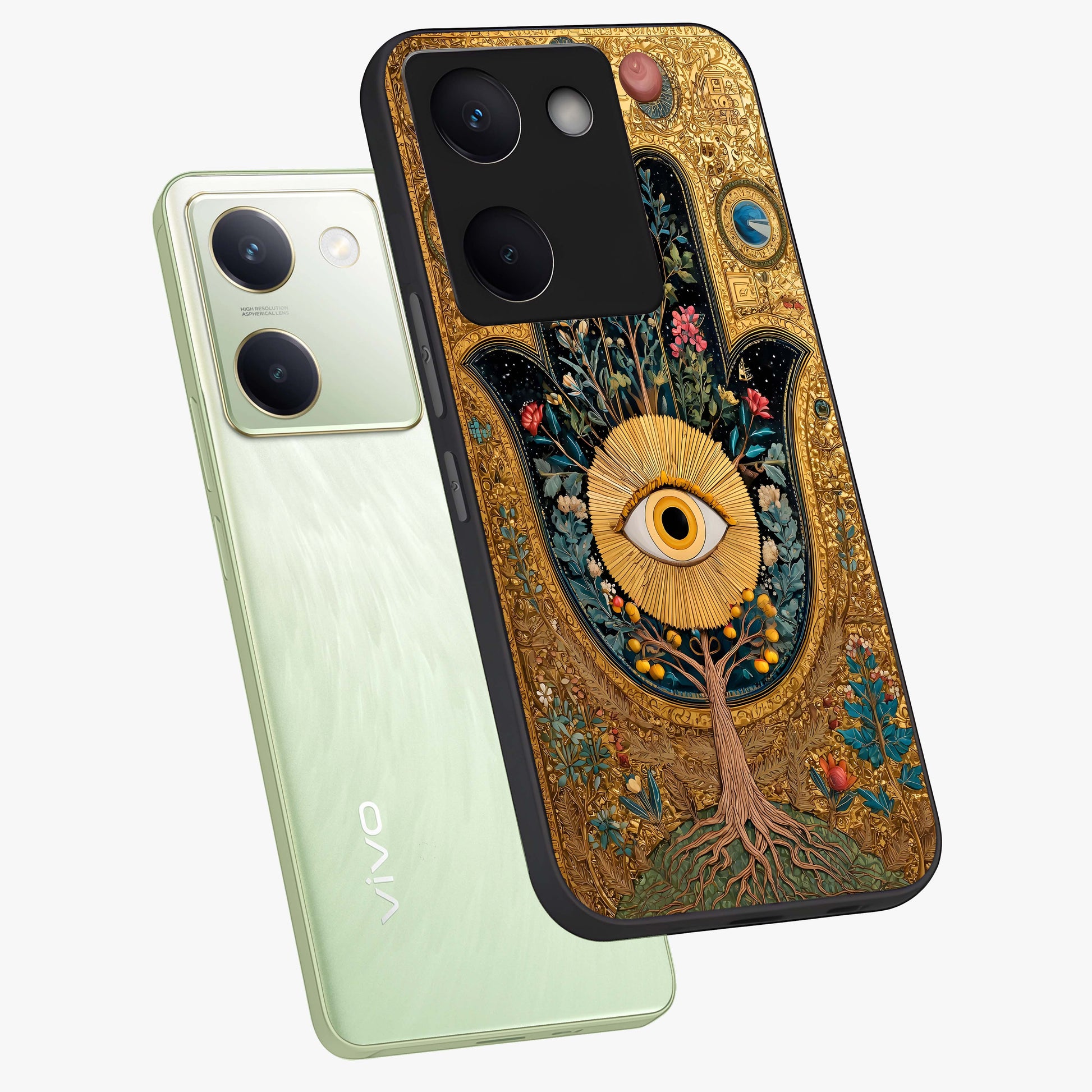 Ethereal Evil Eye Glass Case displayed in angled mockup highlighting protective evil eye symbol with spiritual aesthetic design.
