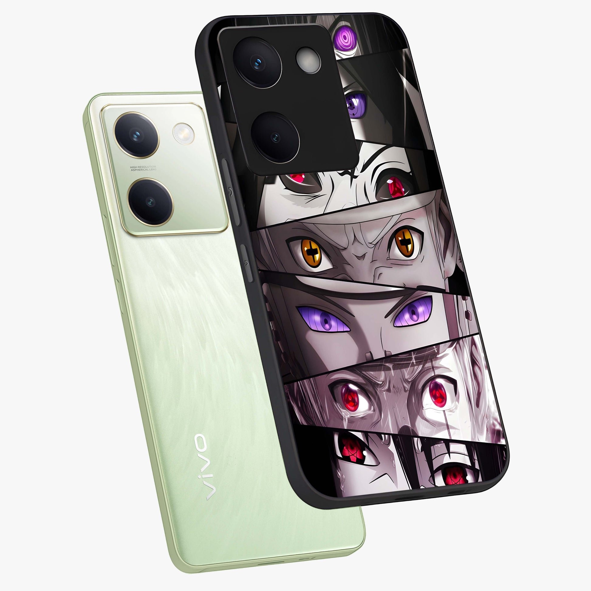 Eyes of Destiny Glass Case displayed in angled mockup highlighting bold eye illustration with mystical aesthetic style.