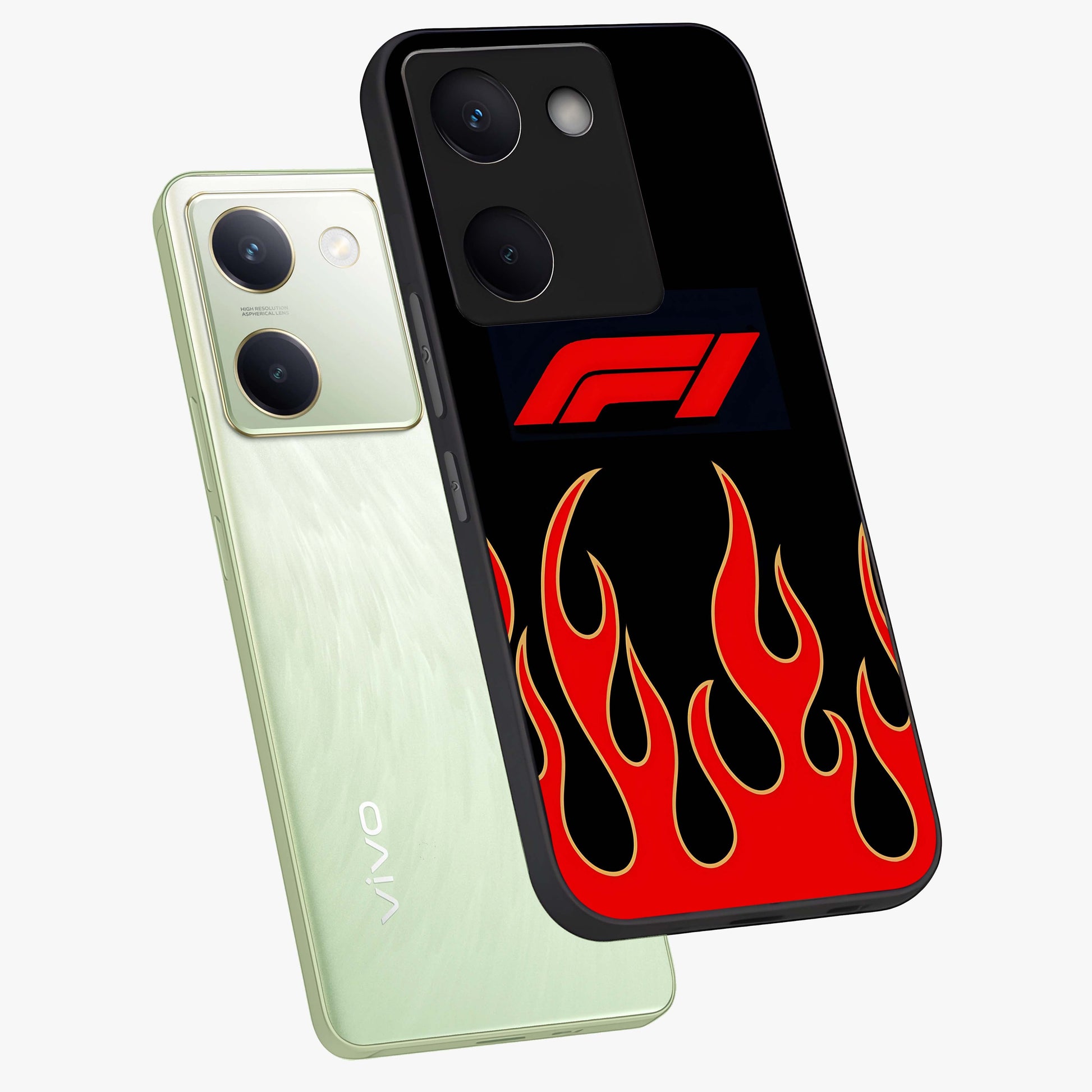 Fire F11 Glass Case displayed in angled mockup highlighting bold fire inspired graphic with energetic aesthetic style.