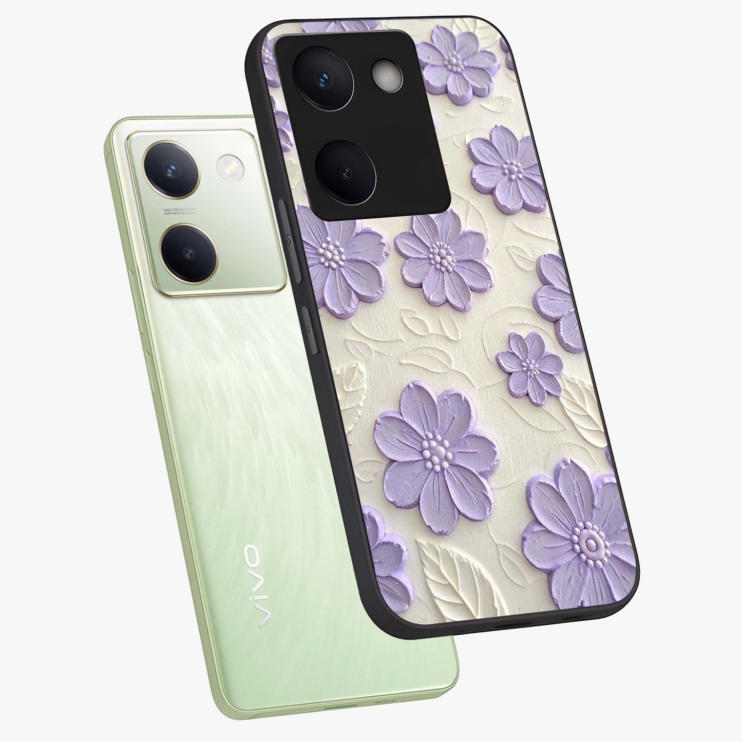 Floral Wall Art With Purple Flowers Glass Case displayed in angled mockup highlighting vibrant purple floral illustration with artistic aesthetic.
