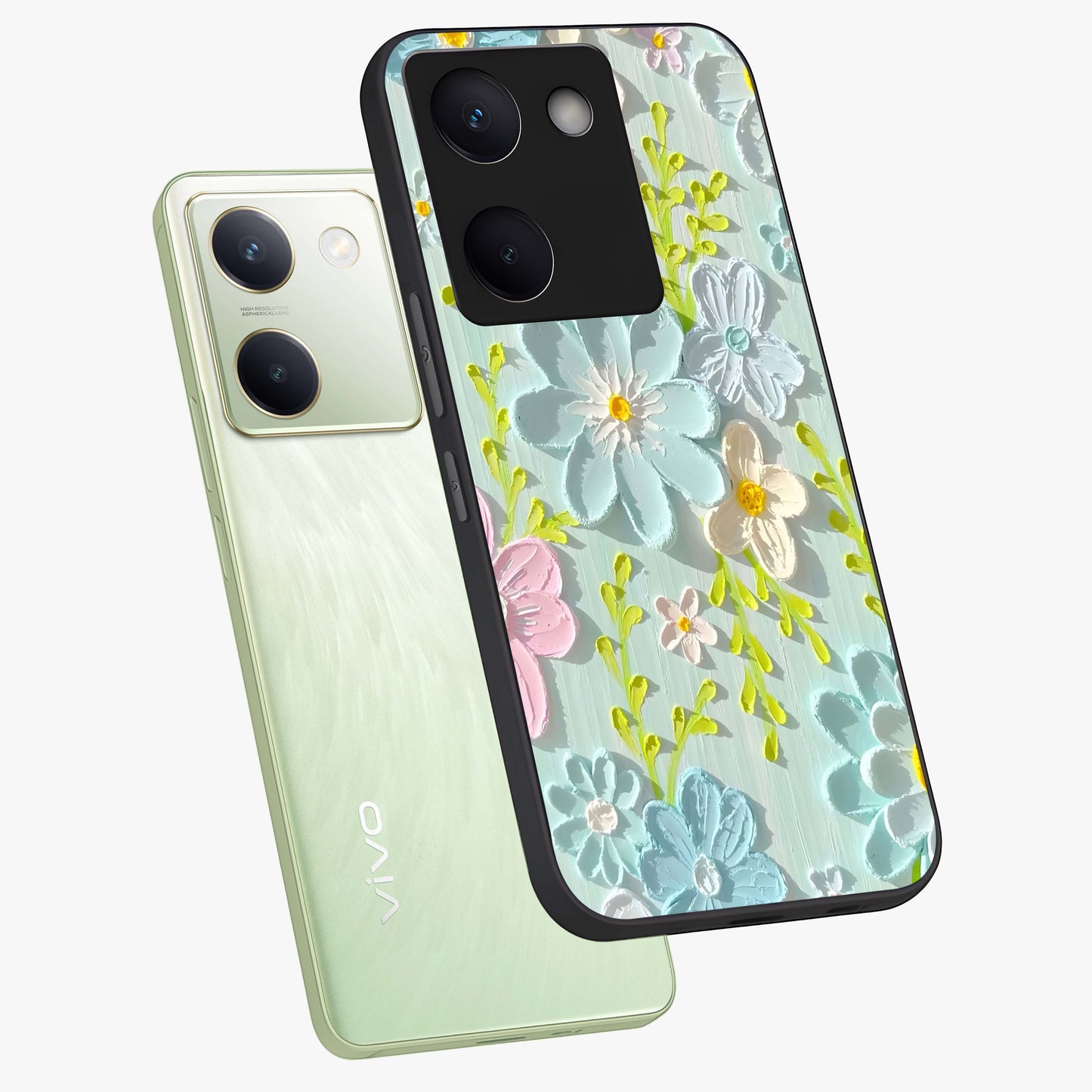 Frosted Petal Garden Glass Case displayed in angled mockup highlighting delicate flower petal design with calm garden aesthetic.