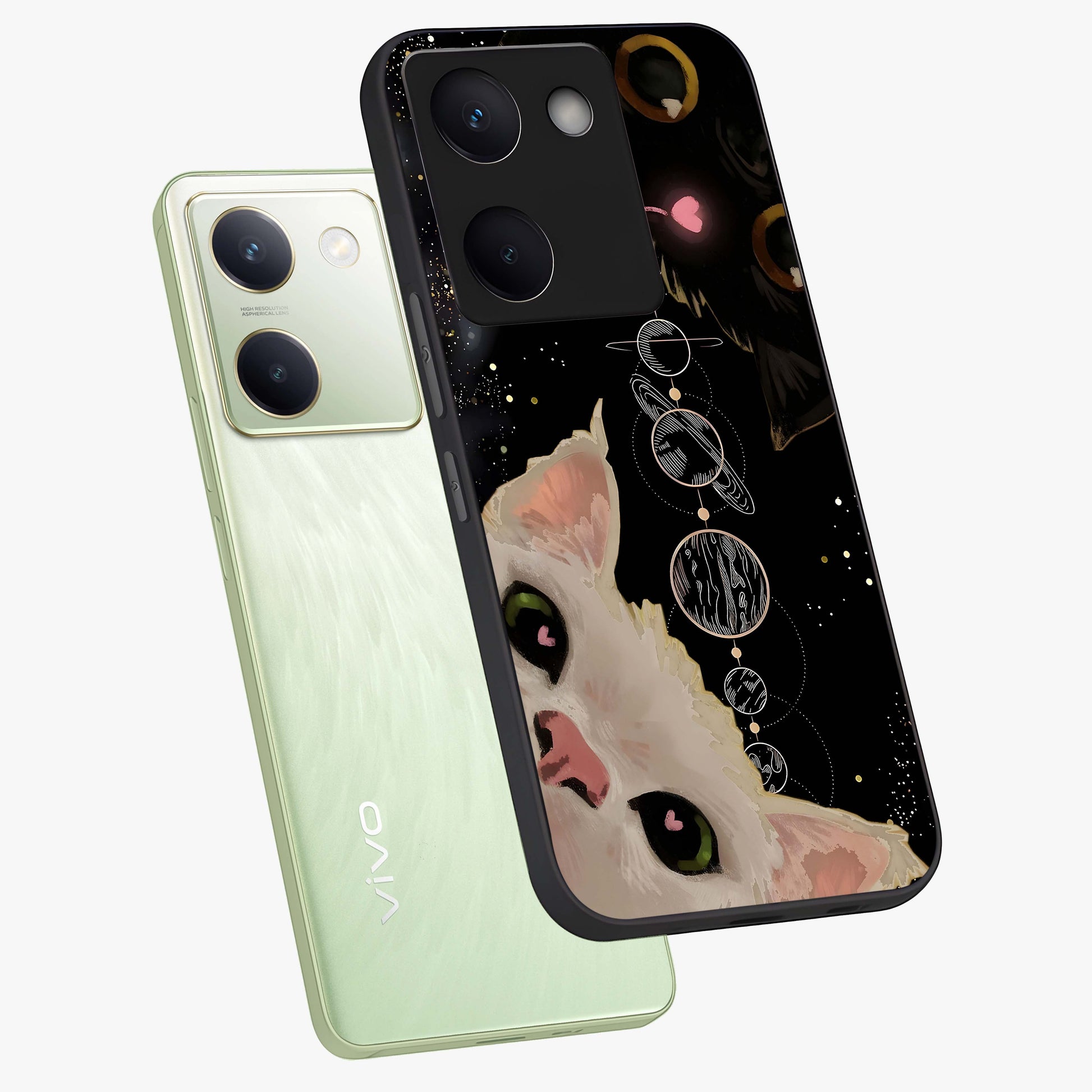 Galactic Cat Glass Case displayed in angled mockup highlighting celestial feline illustration with galaxy aesthetic style.