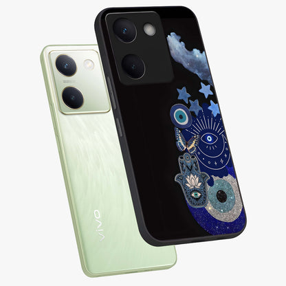 Galactic Charm Cluster Glass Case displayed in angled mockup highlighting luminous galaxy inspired design with dreamy aesthetic.