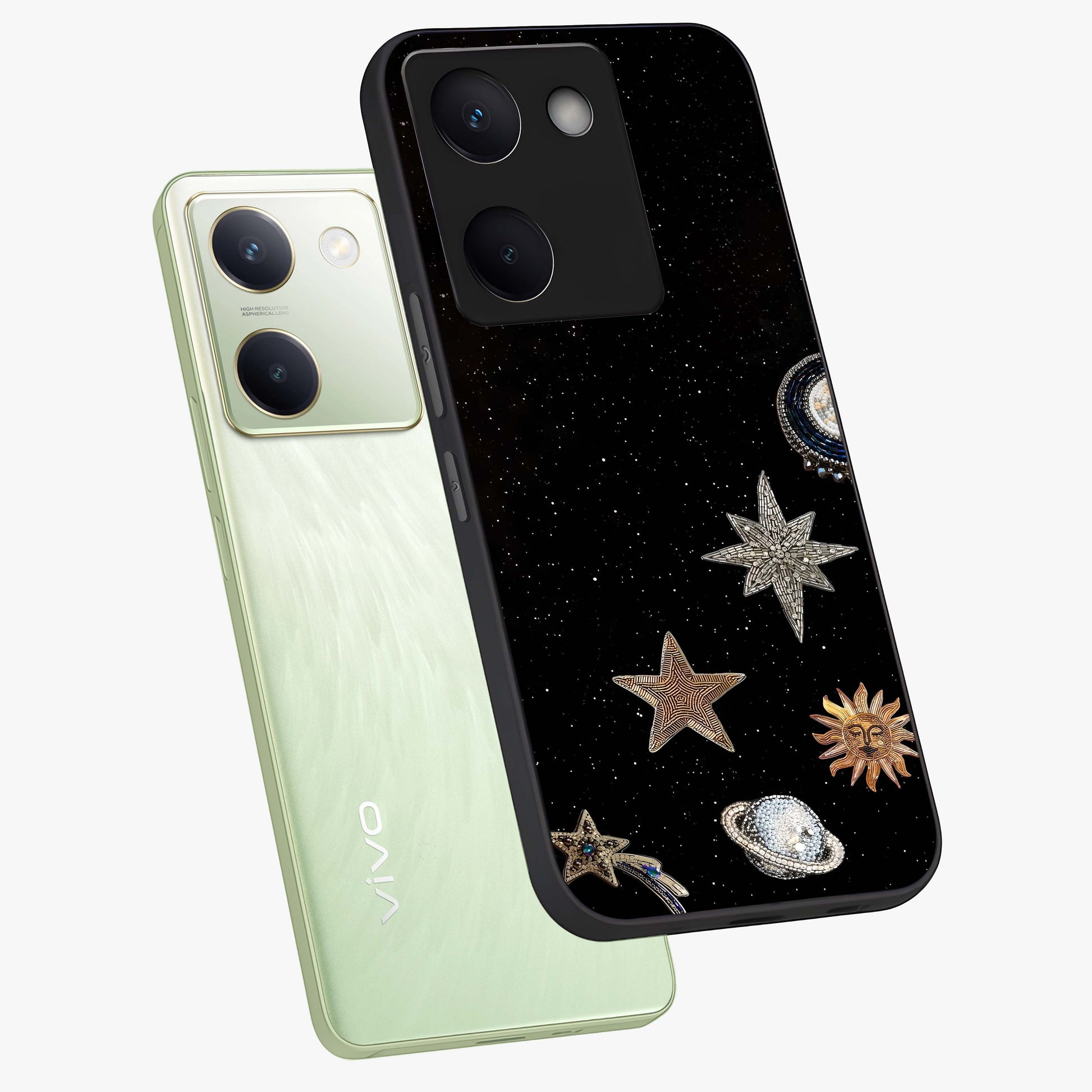 Galactic Charm Glow Glass Case displayed in angled mockup highlighting luminous galaxy inspired design with dreamy aesthetic.