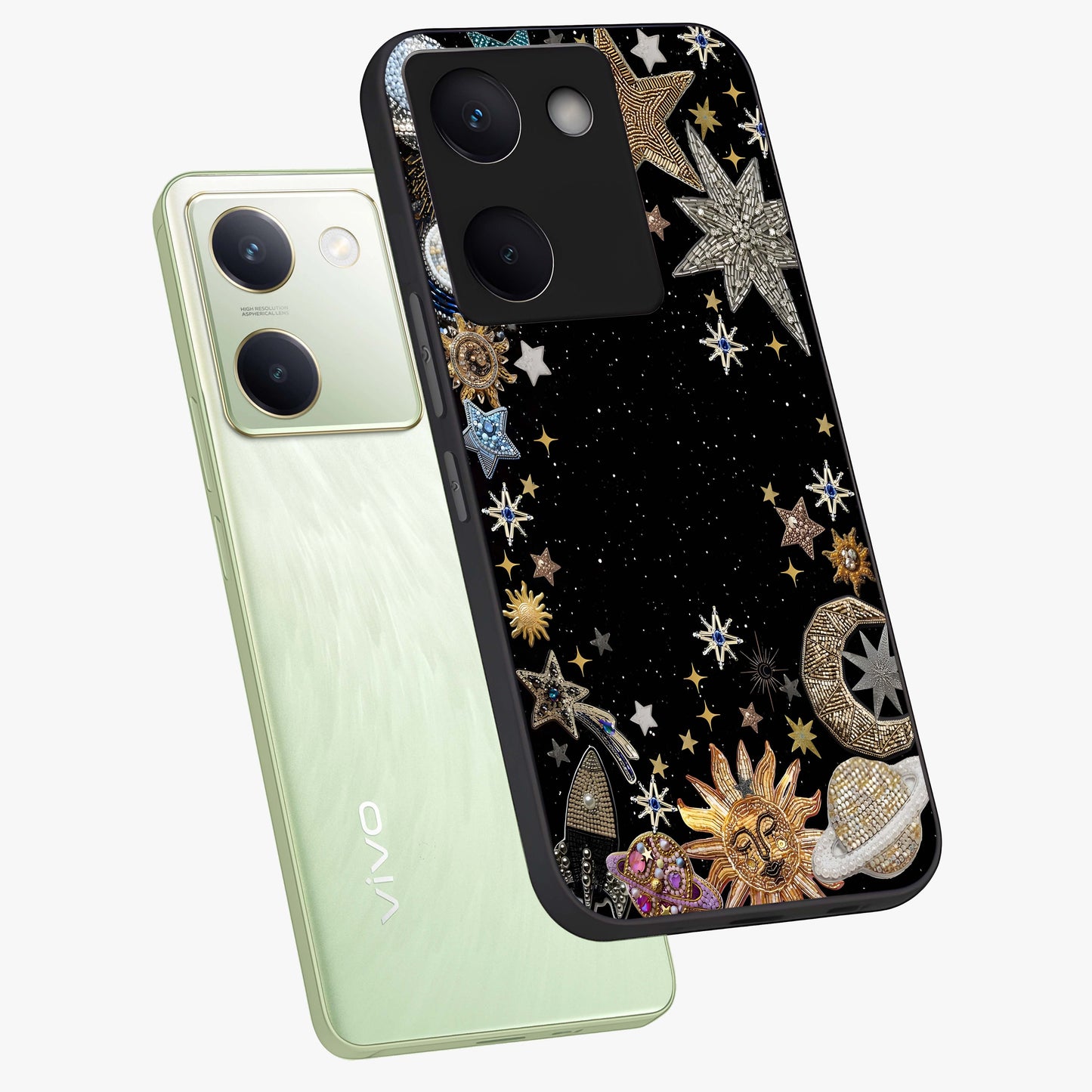 Galactic Jewel Stars Glass Case displayed in angled mockup highlighting shining celestial star design with cosmic aesthetic style.