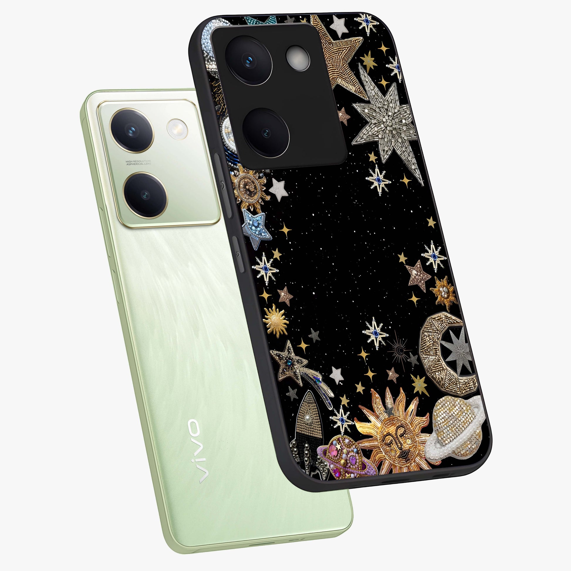 Galactic Jewel Stars Glass Case displayed in angled mockup highlighting shining celestial star design with cosmic aesthetic style.